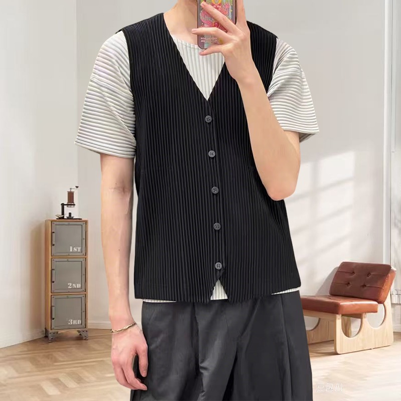 Undershirt Crew Neck - Miyake-Camiseta interior plisada Original para hombre,